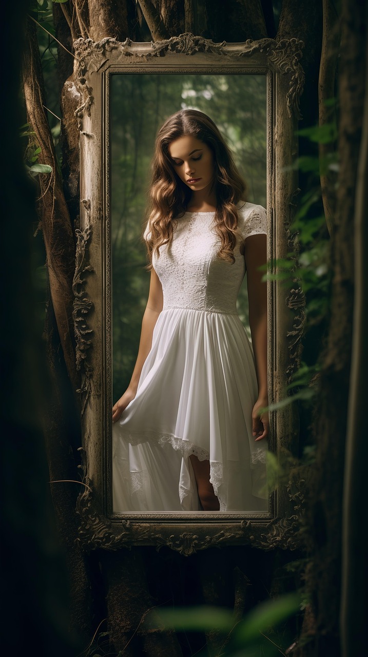ai generated, woman, dress, white dress, forest, mirror, nature, self, reflection, background, wallpaper-8502853.jpg