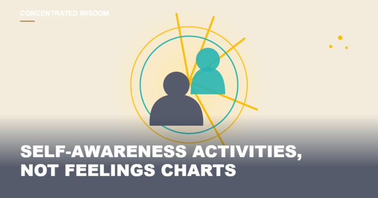 Illustration of an adult and child silhouette inside concentric gold and teal rings, representing self-awareness activities for kids, with headline Self-Awareness Activities, Not Feelings Charts
